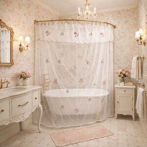 Vintage Sheer White Floral Embroidered Curtain Panel Shower Curtain 68x69”80s